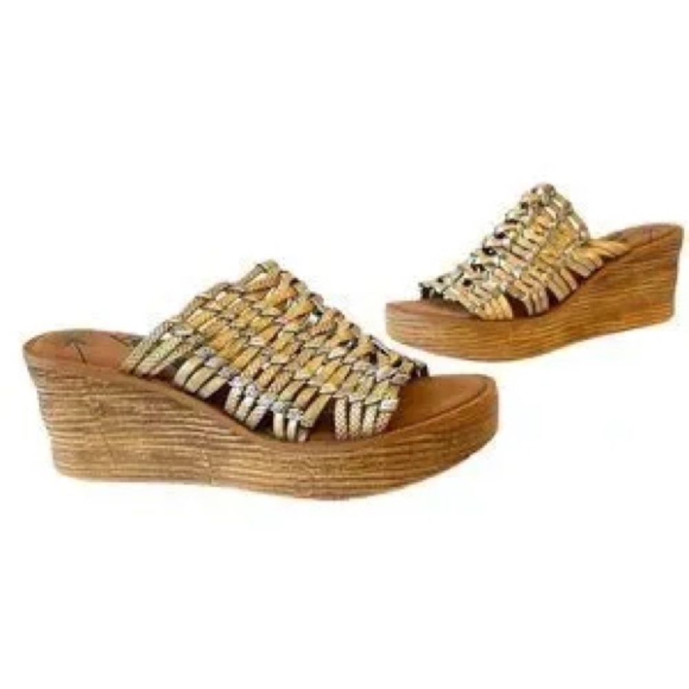 OTBT Starlike Wedge Platform RARE Woven Metallic Leather Wood Grain Sandals 10